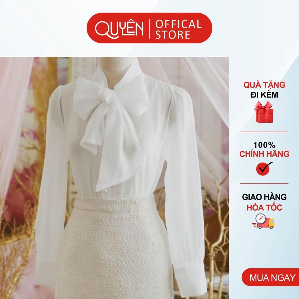 Áo sơ mi công sở nữ kiểu hàn quốc Quyên cổ thắt nơ pha ren tay dài thanh lịch AA383 Trắng