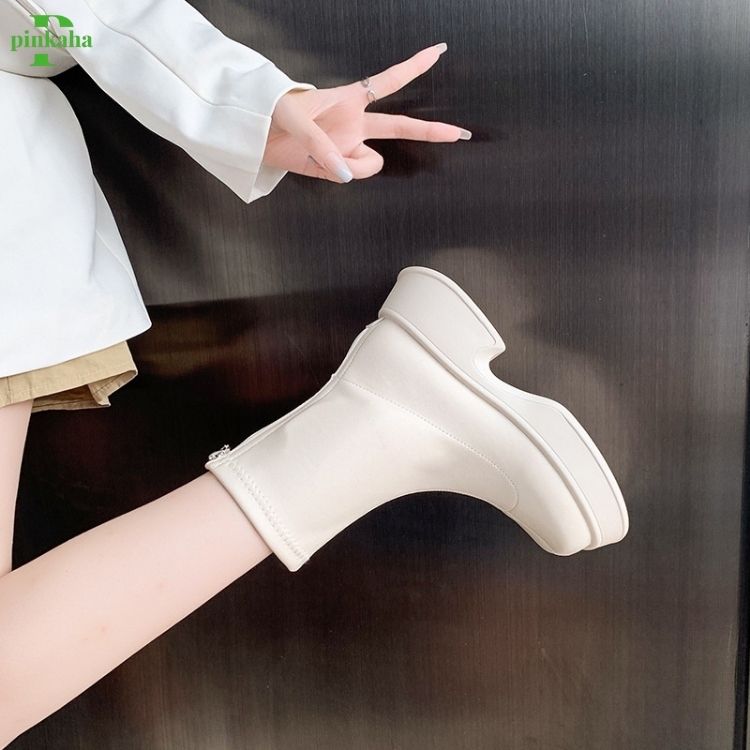 Bốt Nữ Đế Bánh Mì Boots Da Mềm Lót Nỉ Khóa Sau Cao Cấp Boot Mũi Tròn Thời Trang Đế Độn PINKAHA-GB20
