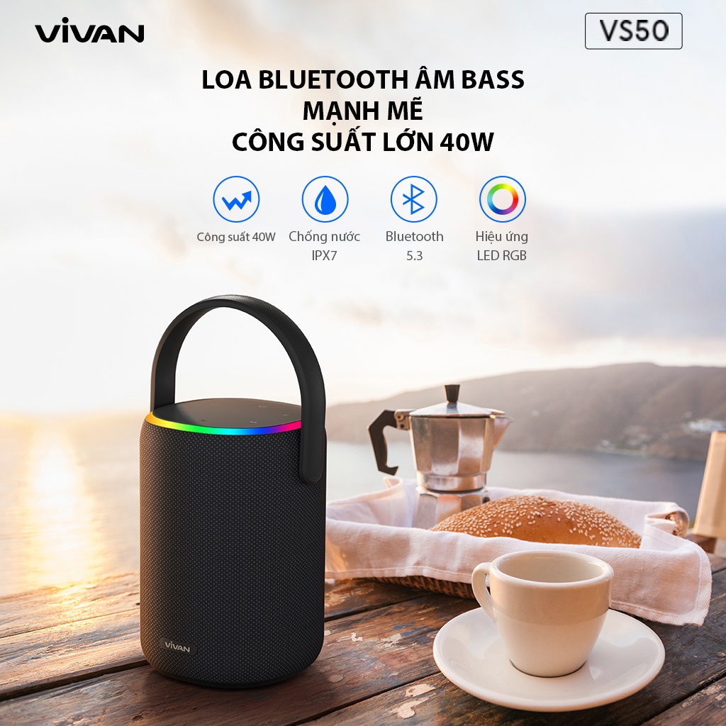 Loa Bluetooth 5.3 VIVAN VS50 Hi-Fi Công Suất 40W Chống Nước IPX7 Hiệu Ứng Đèn LED Loa Ngoài Trời - Hàng Chính Hãng