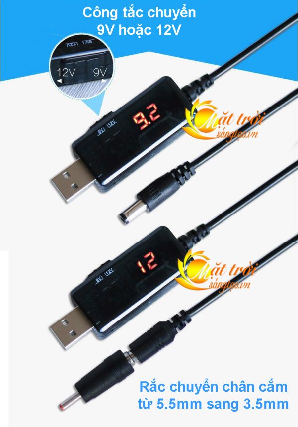 Cáp chuyển đổi điện áp từ cổng USB 5V sang 9V/12V (2in1 màn hình LED)
