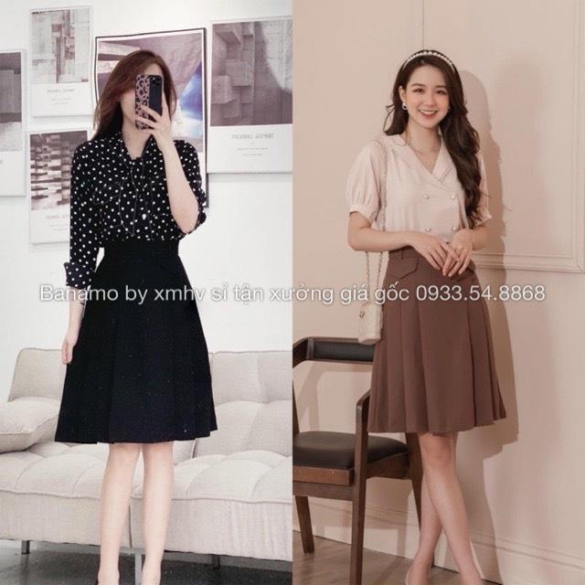 Chân váy xòe midi túi nắp màu đen nâu thời trang Banamo Fashion 5322