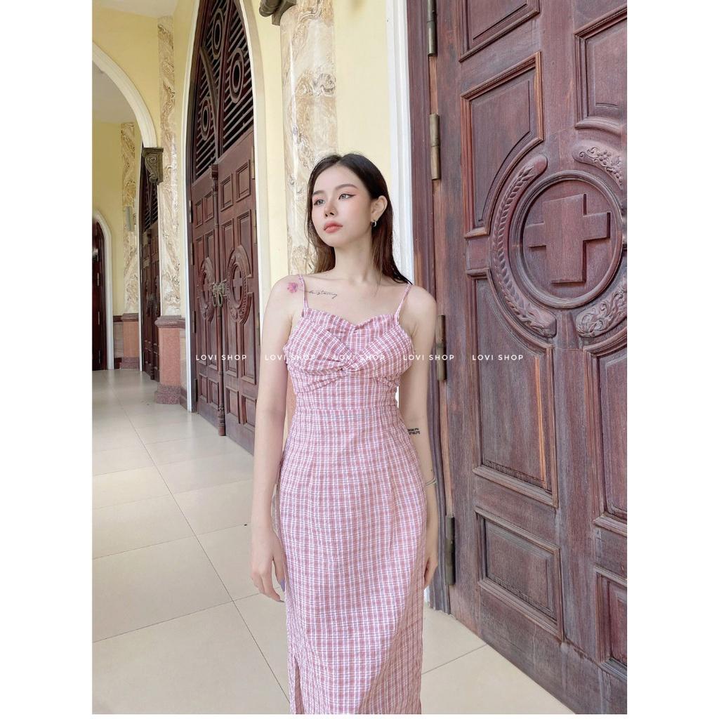 Váy Đầm hai dây caro nơ xoắn ngực suông dài (Checked dress) nhà LOVI