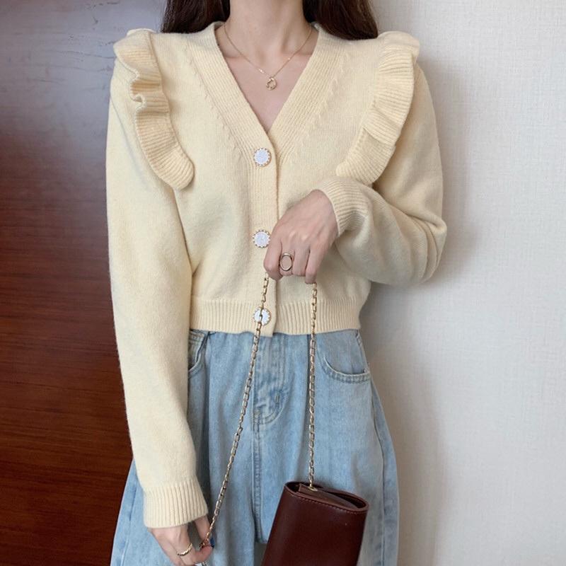 Áo len croptop dài tay cổ chữ V phong cách Hàn Quốc