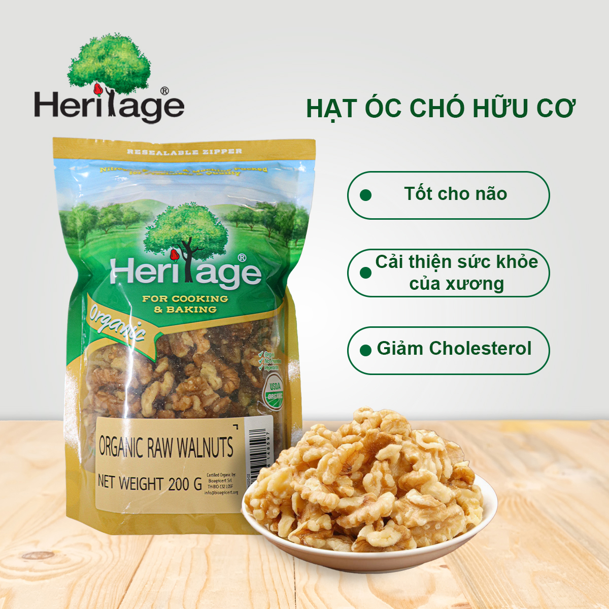 Hạt Óc Chó Tách Vỏ Hữu Cơ Heritage , chứng nhận USDA Mỹ, Phù hợp bệnh nhân tiểu đường, cải thiện chức năng sinh lí - Organic Raw Walnut - 200gr