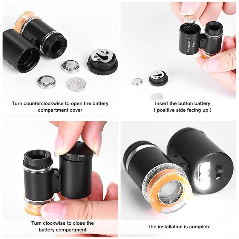 2 Pieces 60X Mini Pocket Microscope with 3 Light,Jewelers Eye Loupe Portable Magnifing Glass for Handcrafts Jewelry