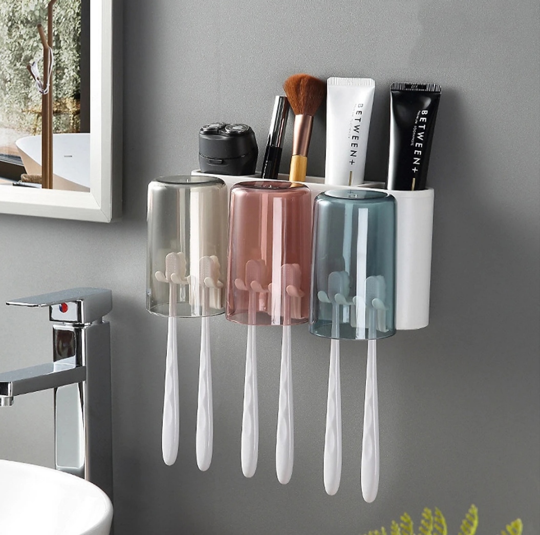 Bộ dụng cụ nhả kem đánh răng tự động 03 cốc và giá treo bàn chải đa năng PHT SUS-ECOCO-E1922-chất liệu ABS cao cấp