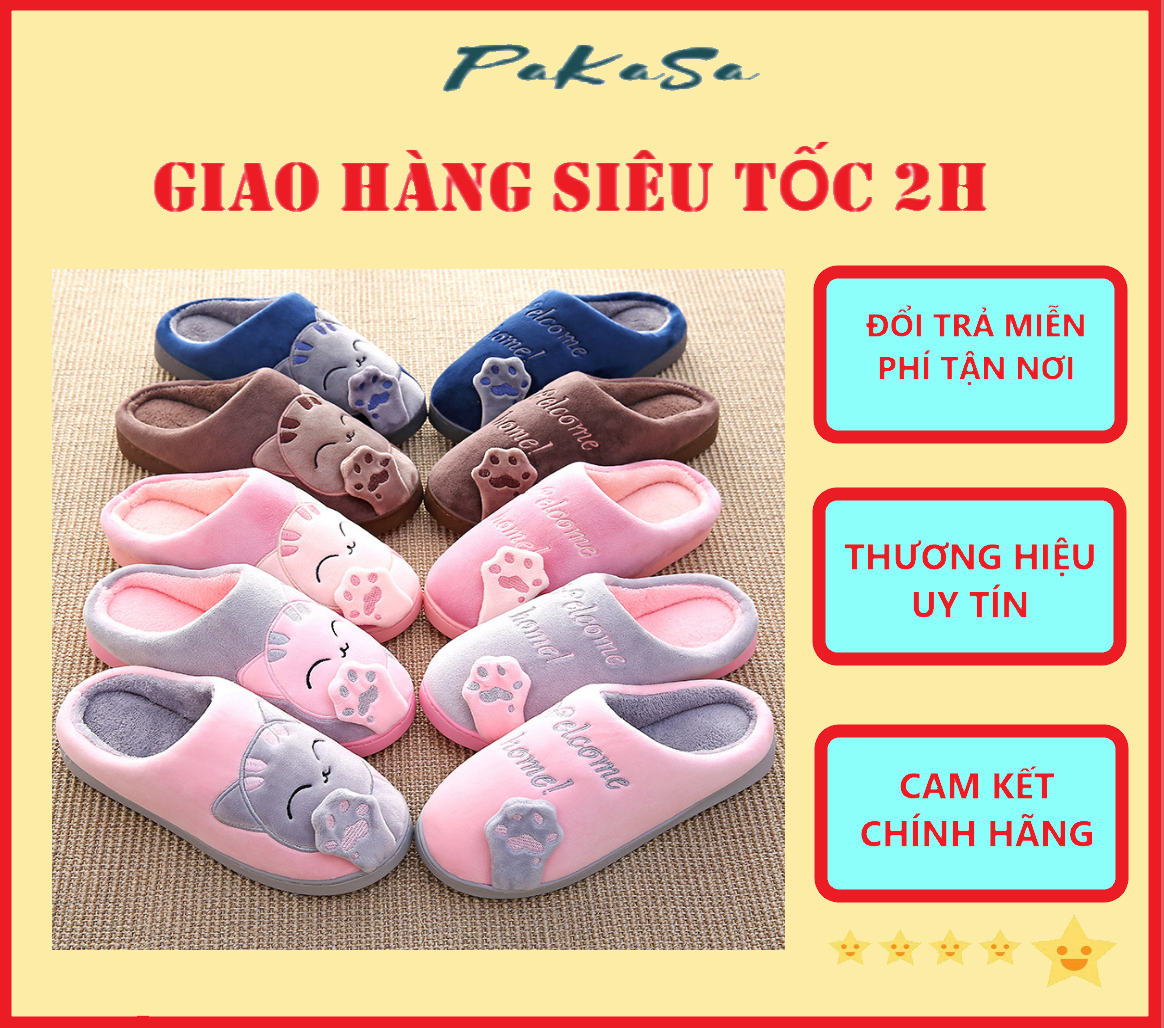 Dép Lông Mang Trong Nhà Hình Mèo Welcome Home Chống Trơn Trượt Giữ Ấm PaKaSa - Hàng Chính Hãng