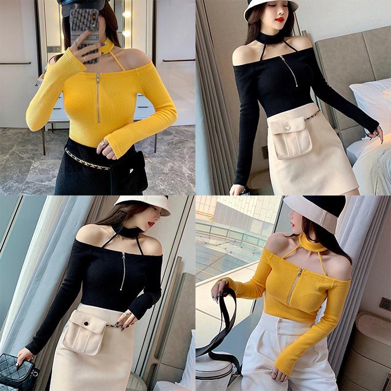 Áo dệt kim tay dài màu trơn thiết kế khoá kéo thanh lịch