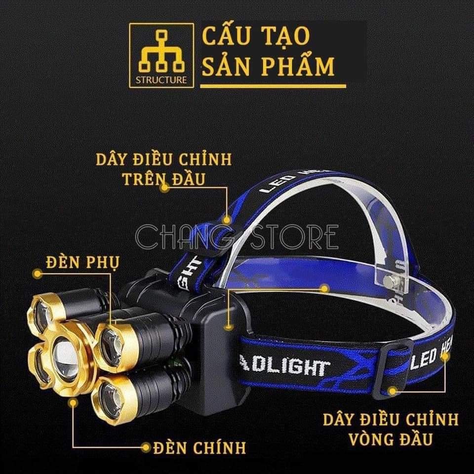 Đèn pin đội đầu siêu sáng 5 bóng led, Pin Sạc 9800Mah, 18650 4.2V siêu sáng