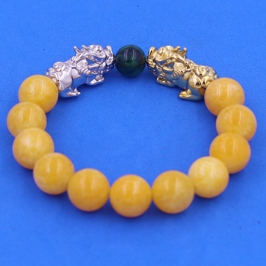 Vòng chuỗi đeo tay đá ngọc tủy vàng 12 ly charm tỳ hưu đôi inox trắng và vàng, vòng chuỗi phong thủy, charm tỳ hưu, vòng tay hạt chuỗi