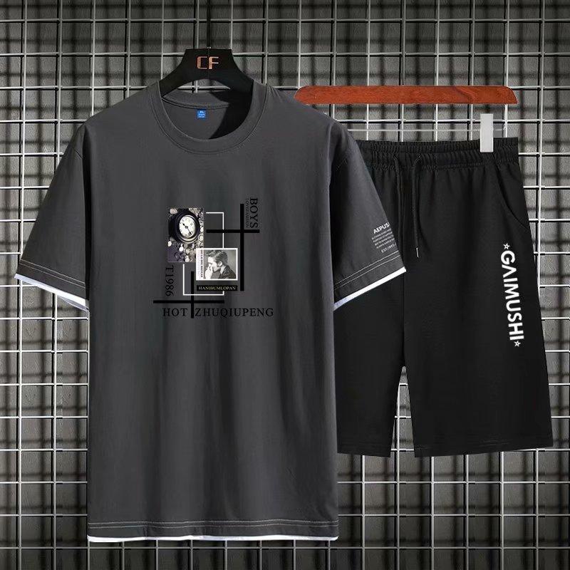 Set Áo Thun Ngắn Tay Cổ Tròn Giả Hai Lớp + Quần Short Thể Thao Cho Nam