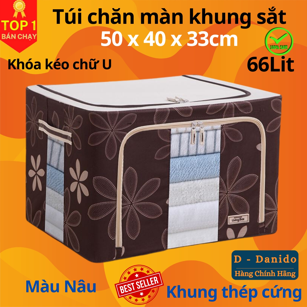 Túi đựng chăn màn, chăn mền khung sắt, kích thước 66L đa năng tiện lợi, chắc chắn chính hãng D Danido