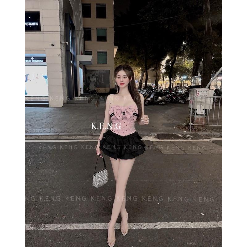 Set áo quây nơ ngực chân váy 3 tầng ngắn xinh BY JOLIE - Hồng
