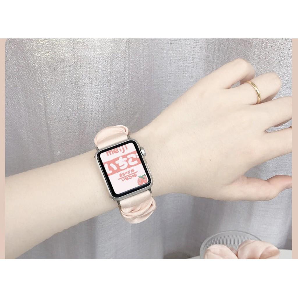 Combo dây đồng hồ apple watch và scrunchies dây cột tóc, buộc tóc vải satin lụa nhiều màu