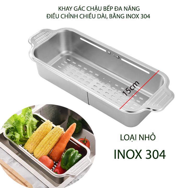 Khay rổ inox 304 gác chậu bếp thông minh xếp gọn, để đồ đa năng (loại nhỏ-rộng 15cm)