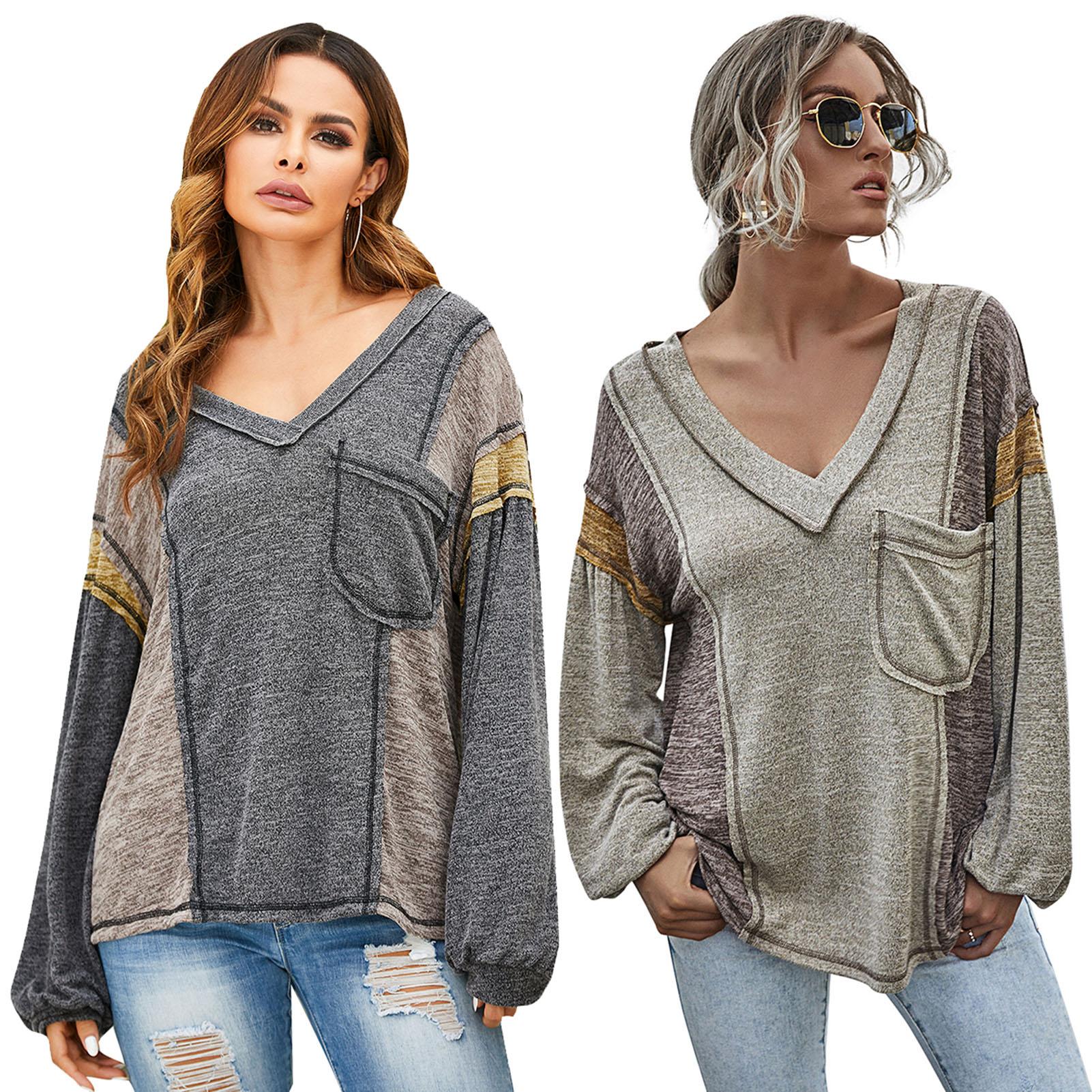 Women Sweatshirt Splicing V Neck Pocket Lantern Sleeve Shirt Casual Loose Tops