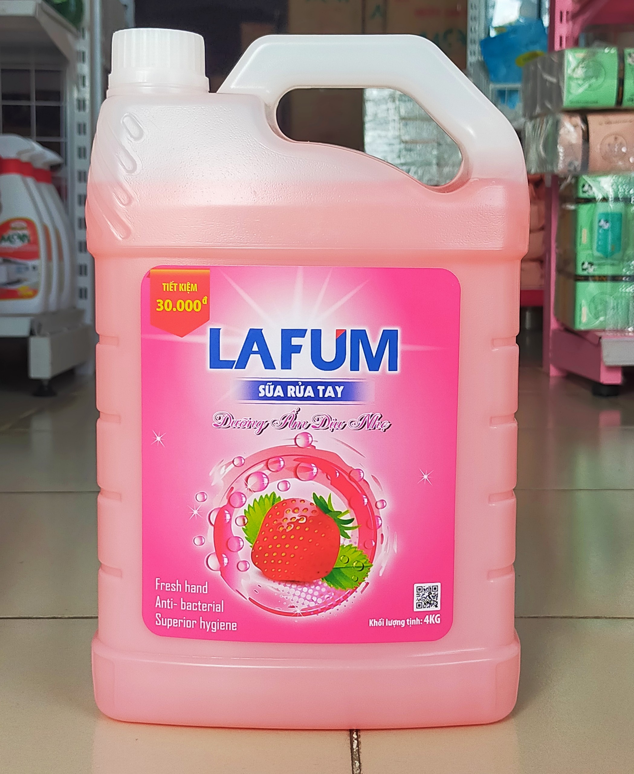 Sữa Rửa Tay Lafum hương dâu tây làm sạch vi khuẩn, bụi bẩn và bảo vệ da tay Can Lớn 4L Siêu Tiết Kiệm