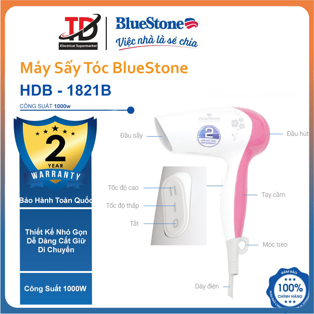 Máy sấy tóc Bluestone HDB-1821B, Công Suất 1000W , Hàng chính hãng