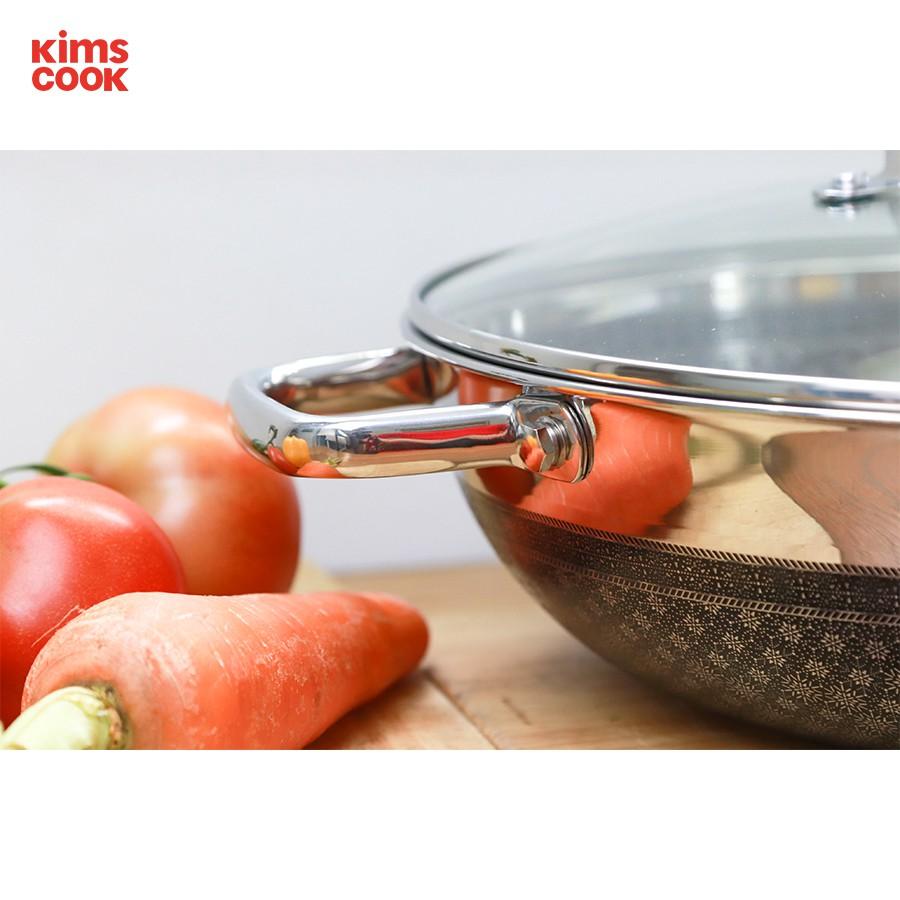 Chảo xào inox 304 cao cấp KimsCook NOONSONG 2 quai 32cm chống dính 2 mặt 3 lớp đúc liền đáy từ nắp kính - tặng 1 sạn inox