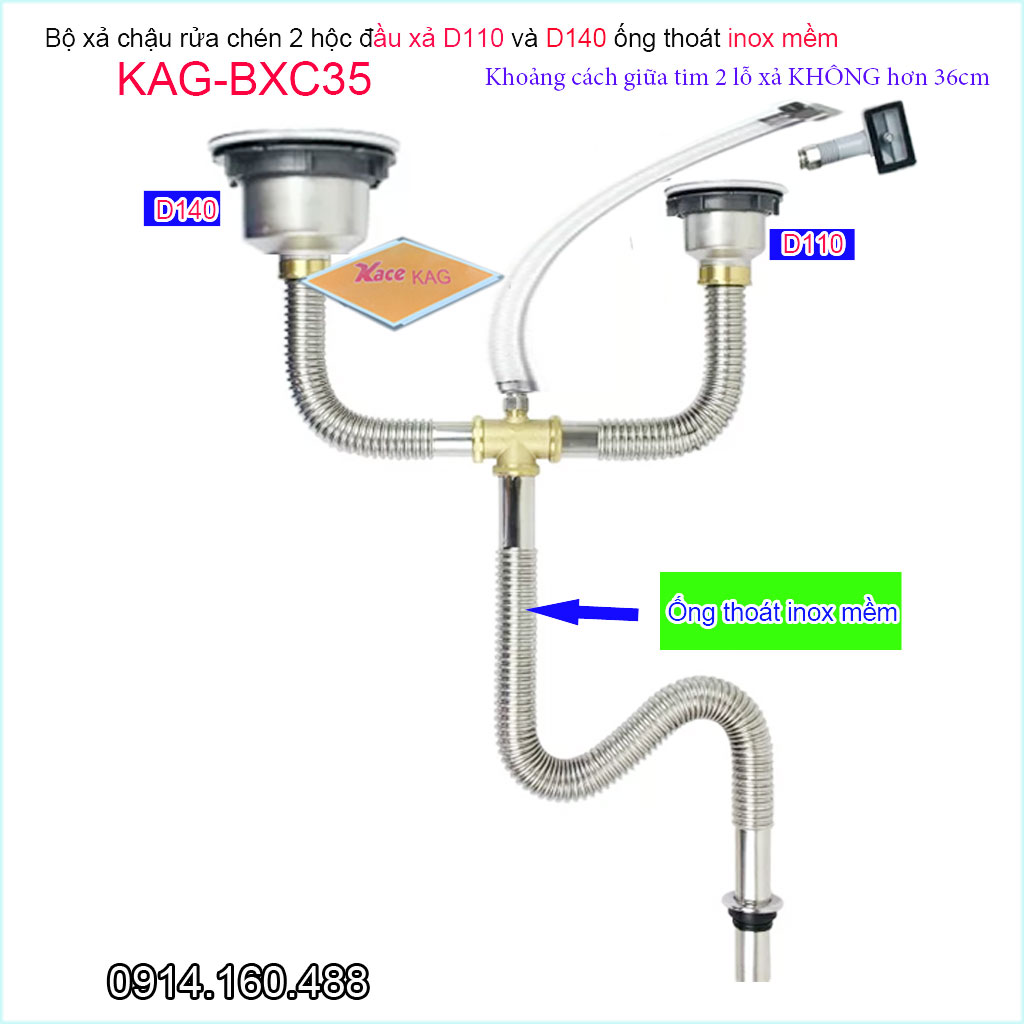 Bộ xả chậu rửa chén đôi inox 304 KAG-BXC35 chậu 1 to 1 nhỏ, bộ ống thoát bồn rửa bát  2 hố D140 và D110 chất liệu SUS304 dễ vệ sinh siêu bền sử dụng tốt