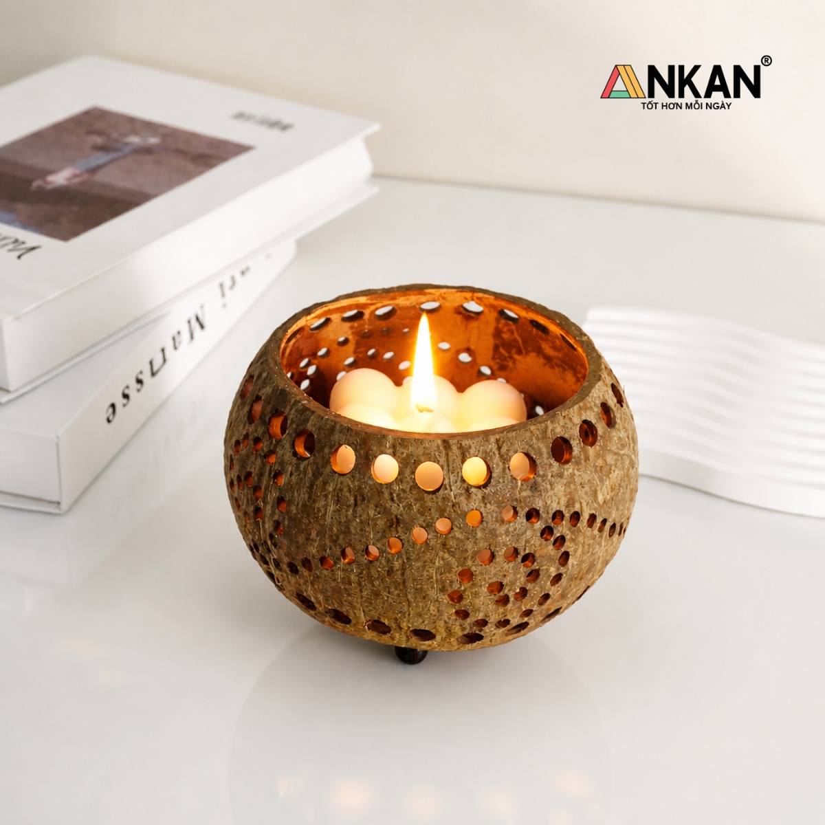 Đèn Nến Gáo Dừa ANKAN Họa Tiết Xoắn Ốc Tealight Decor Handmade Vintage – Trang Trí Spa, Cafe, Thư Giãn