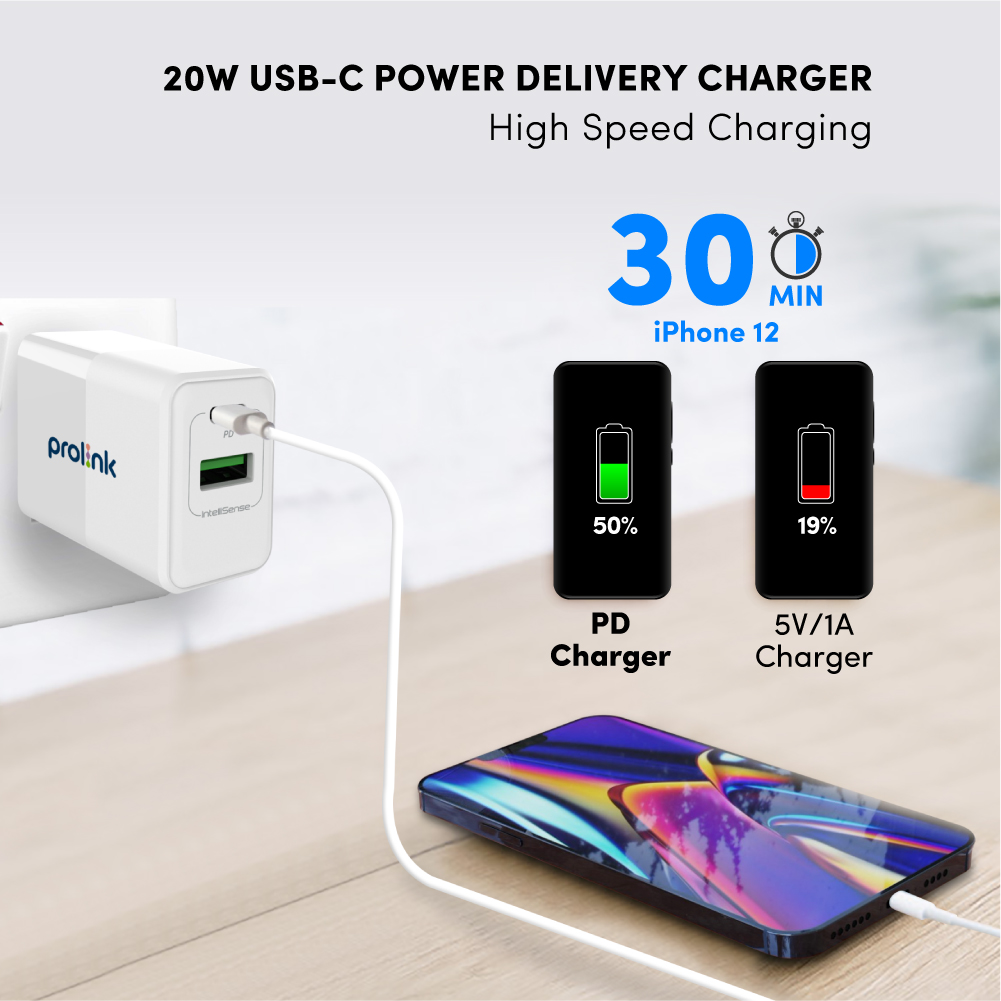 Củ sạc nhanh 20W PROLiNK PTC21801 có 2 cổng USB-A &amp; USB-C dành cho iPhone, iPad, Samsung, Xiaomi - Hàng chính hãng