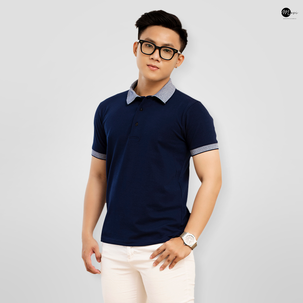 Áo polo nam cổ bẻ phối viền vải cotton chuẩn form, lịch sự, năng động, xanh đen - MOSI