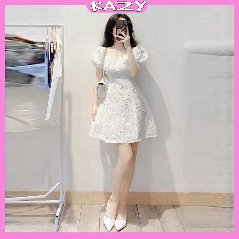 Váy trắng tiểu thư tay bồng, Váy trắng dự tiệc hoa văn xốp KAZY STORE V15
