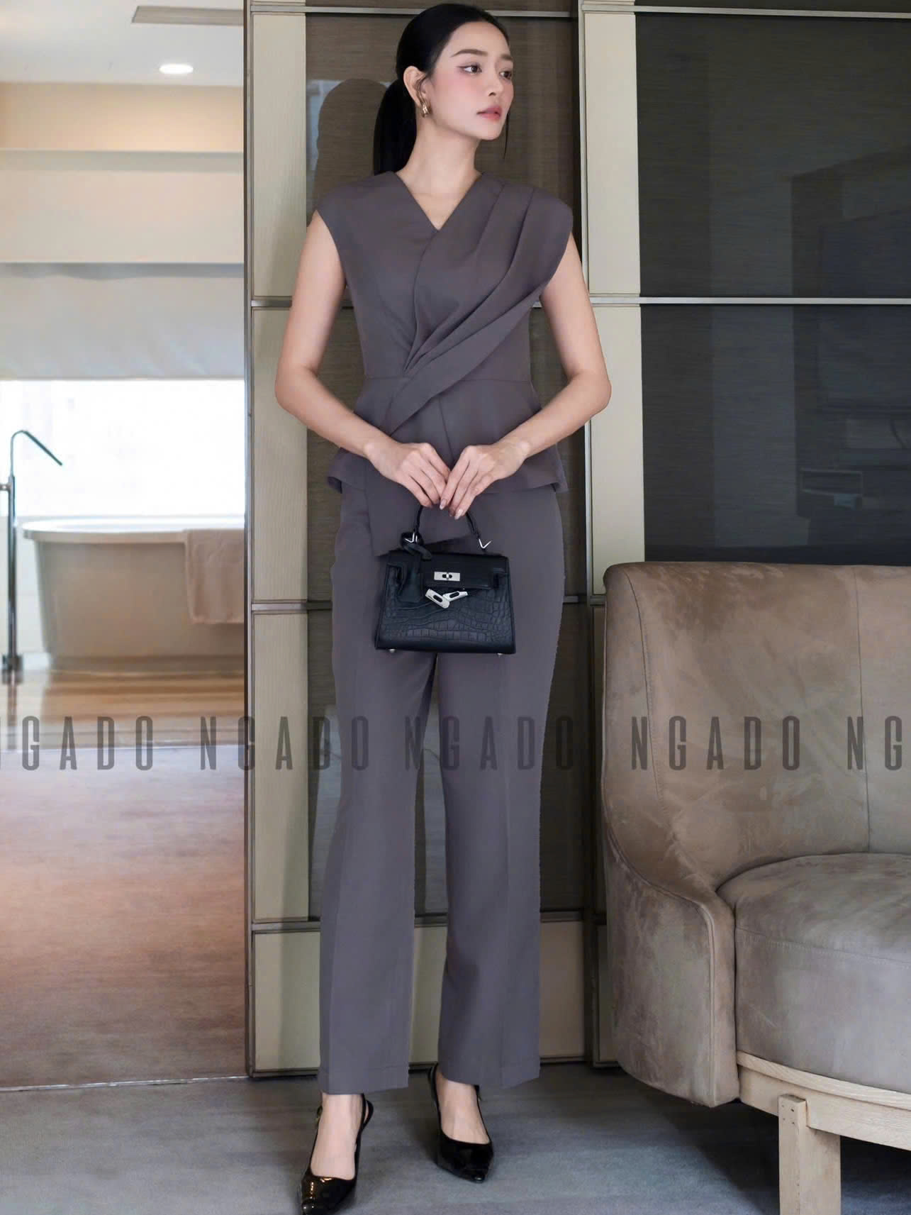 Set áo quần xám vạt xếp NGADO , set áo quần Nữ , set công sở