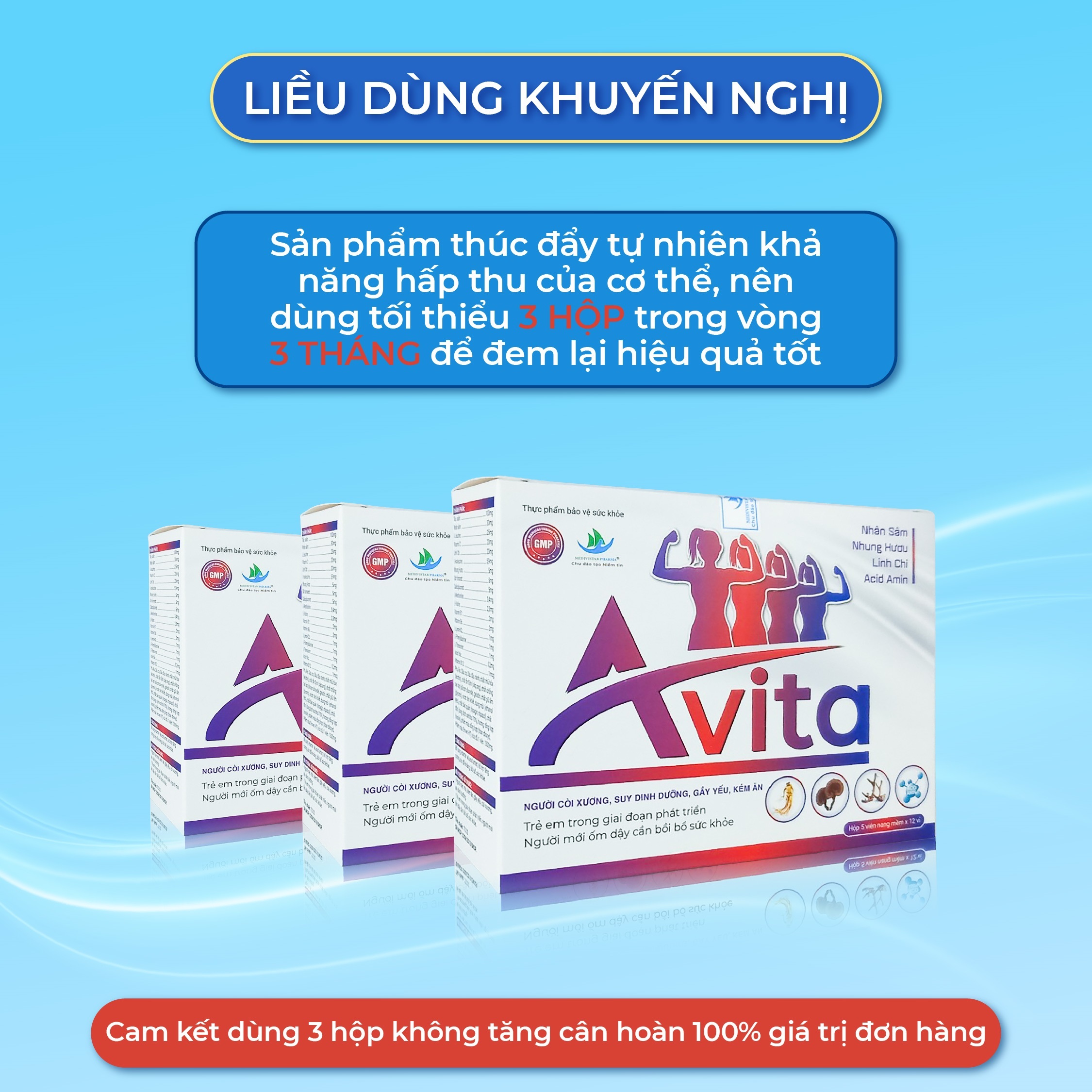 Combo 3 Hộp Viên Uống Tăng Cân AVITA Dành Cho Người Gầy Giúp Nâng Cao Thể Trạng, Tăng Cường Sức Khỏe, Bồi Bổ Cơ Thể 60 Viên/Hộp