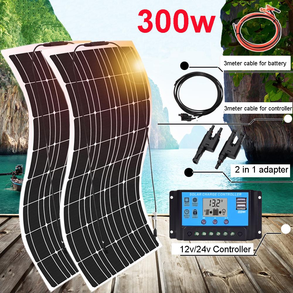 Bảng điều khiển năng lượng mặt trời 300w 12v kit 150w 100w 50w 20w 5v bộ sạc pin tế bào đơn tinh thể cho điện thoại di động xe vans cắm trại RV thuyền 1000w Màu sắc: 300w kit