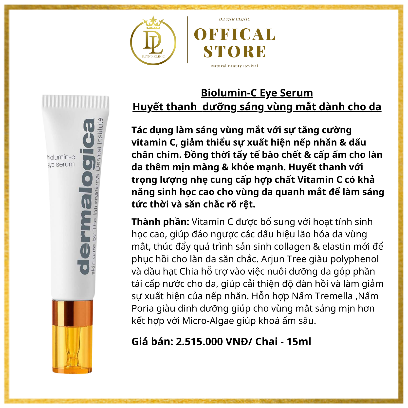 Tinh chất dưỡng sáng vùng mắt Dermalogica Biolumin C Eye Serum 15ml dành cho mọi loại da