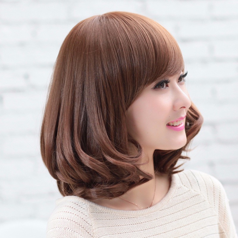 Tóc giả nữ nguyên đầu hàn quốc, kiểu ngắn, mái thưa tặng kèm lưới trùm tóc, giống hình 90%, tóc tơ nhân tạo chịu nhiệt