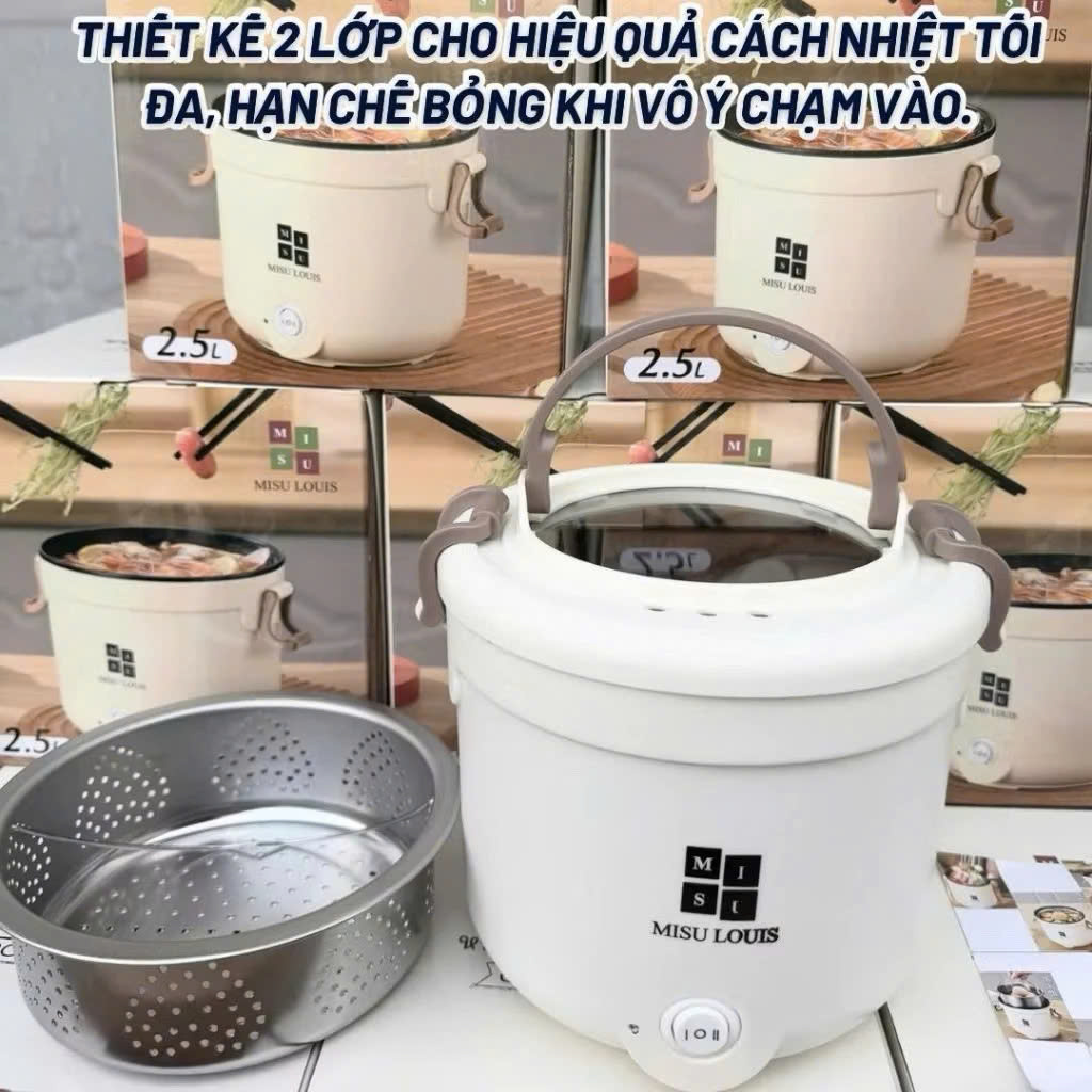 Nồi Lẩu Điện Mini Đa Năng 2.5L MISU LOUIS - Nồi Nấu Mì, Hấp, Chiên, Lẩu Mini Có Xửng Hấp 600W - HÀNG CHÍNH HÃNG MINIIN