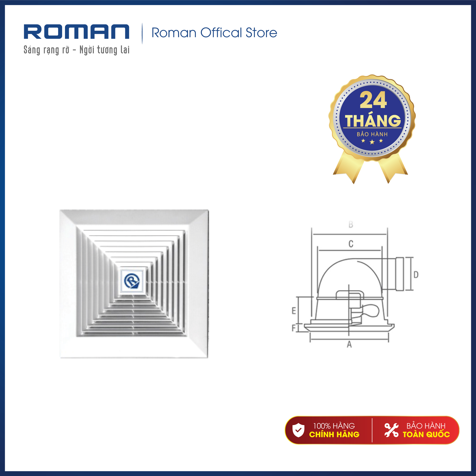 Quạt hút âm trần nối ống gió sải cánh 30cm hàng chính hãng Roman - Hút mùi hút ẩm hút nhiệt hiệu quả với lưu lượng hút cao và độ ồn cực thấp RCF30T