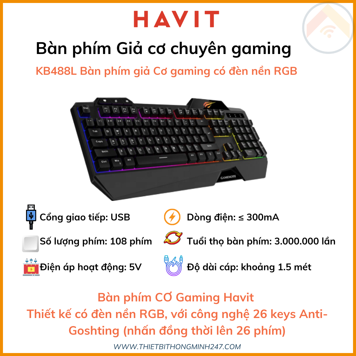 Bàn phím Gaming có dây HAVIT GAMENOTE KB488L đèn nền LED RGB Full-size 108 phím Cổng USB dài 1.5m Đen Hàng Chính Hãng