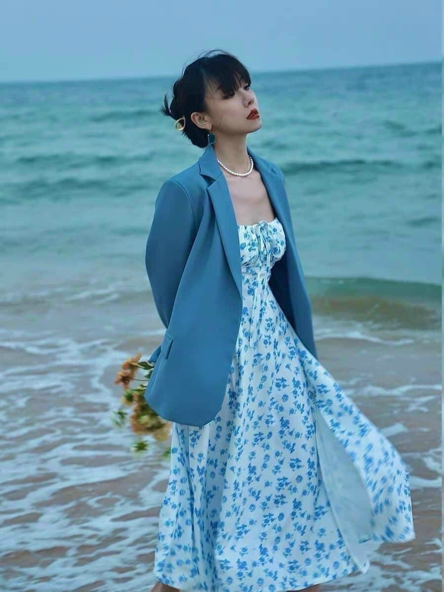 Đầm maxi hoa nhí xẻ đùi - đầm trễ vai maxi mang được 2 kiểu