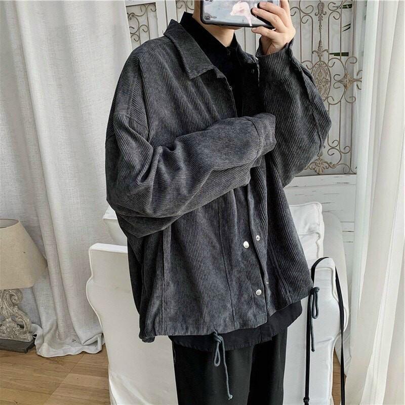 Áo sơ mi NHUNG TĂM/GÂN khoác ngoài nam nữ freesize form rộng giấu quần unisex phong cách Ulzzang Hàn Quốc TRƠN