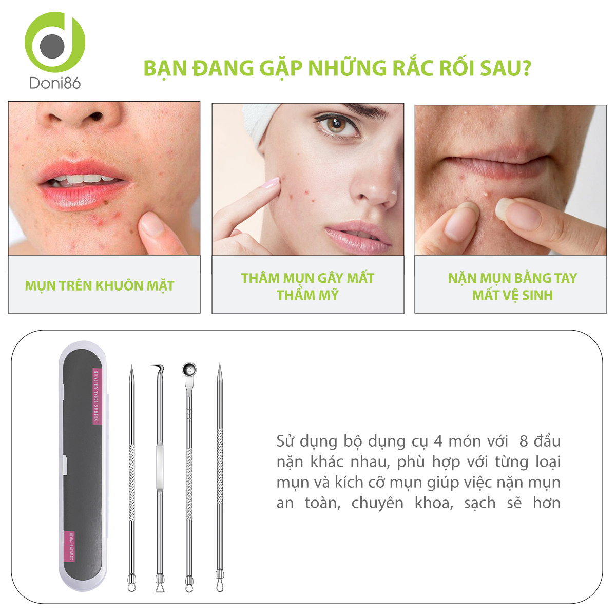 Bộ dụng cụ nặn mụn 4 món đa dạng, hỗ trợ loại bỏ mụn đầu đen, mun cám dễ dàng, kích thước nhỏ gọn dễ mang theo - Doni - DOPK344