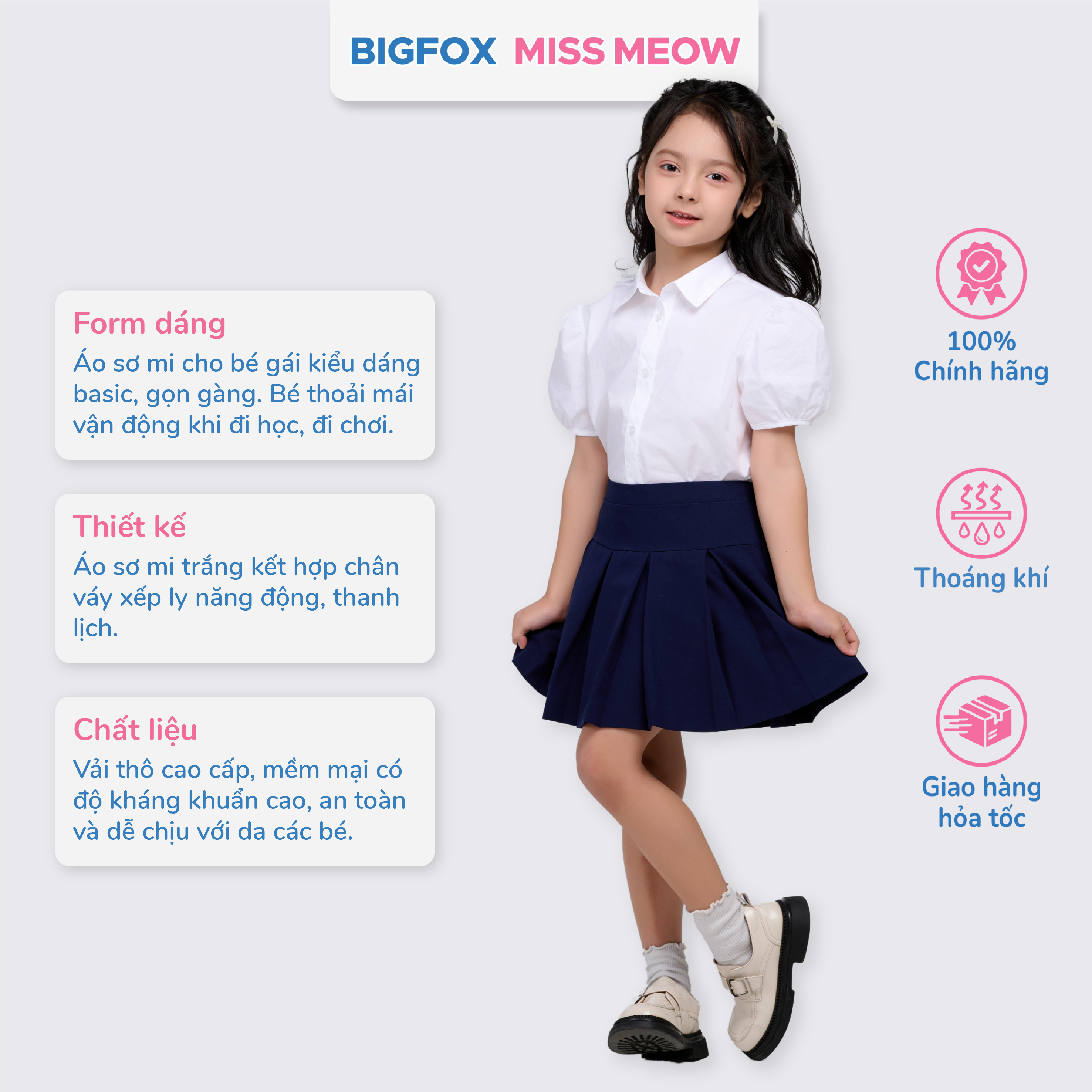Áo sơ mi bé gái màu trắng Bigfox Miss Meow, áo cộc tay đồng phục đi học có cổ 6,9,11 tuổi 30kg 40kg