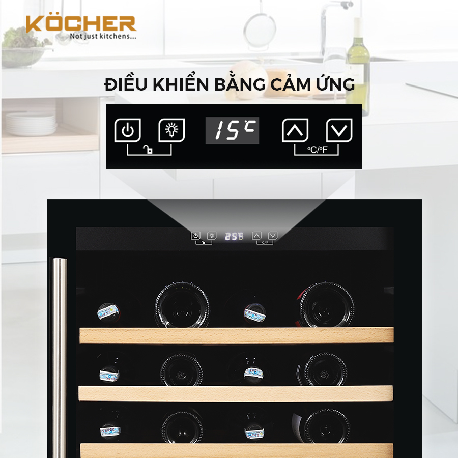 Tủ ướp, bảo quản rượu vang thương hiệu Kocher. Model KWEU-1156B Dung tích 135L (Sức chứa: 54 chai) - Hàng Chính Hãng