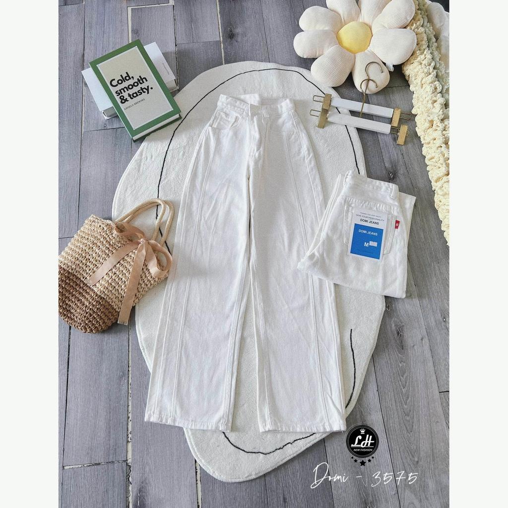 Quần jean trắng, quần bò ống suông nữ màu trắng trơn ulzzang trích ly lưng siêu cao siêu dễ thương Lê Huy Fashion 3575