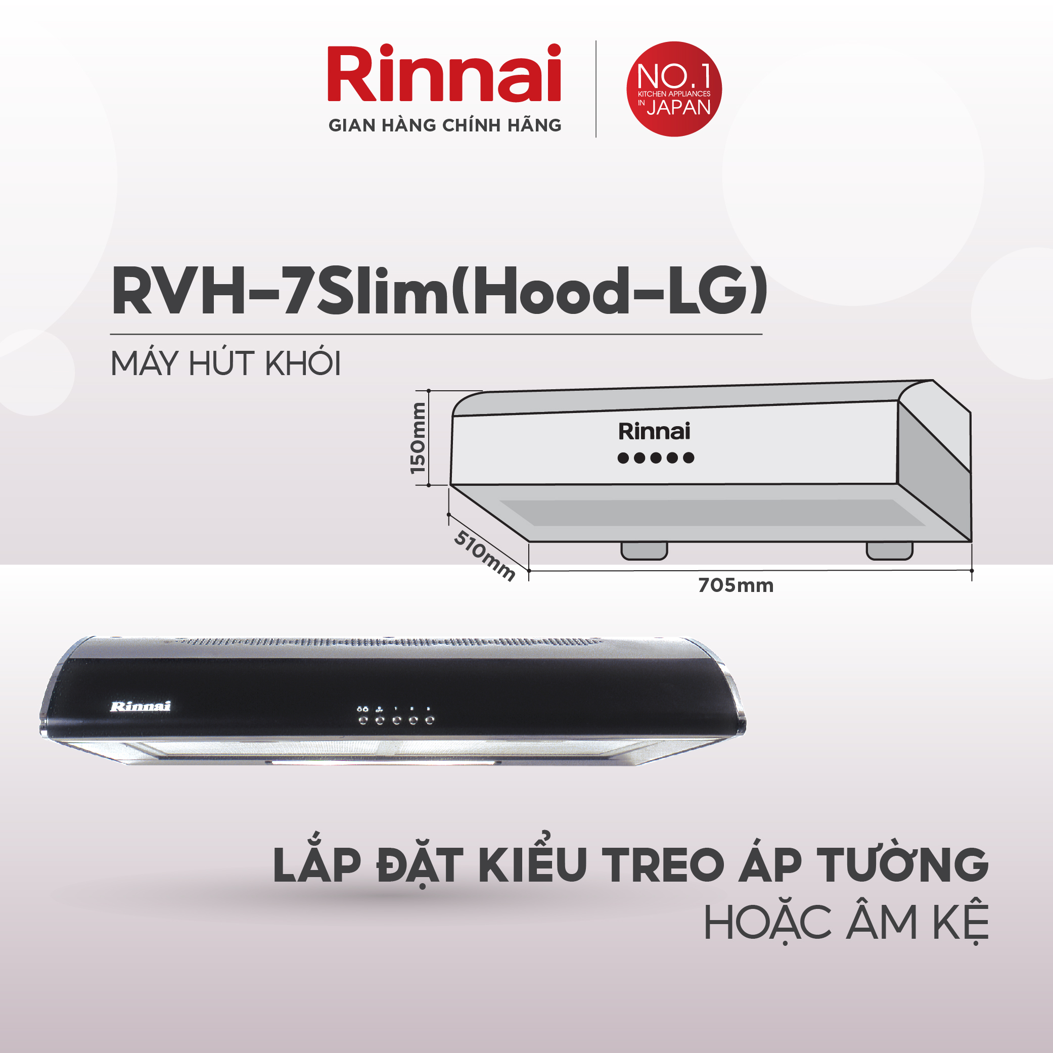 Máy hút mùi 70cm Rinnai RVH-7Slim(Hood-LG) than hoạt tính và ống thoát 380W - Hàng chính hãng.