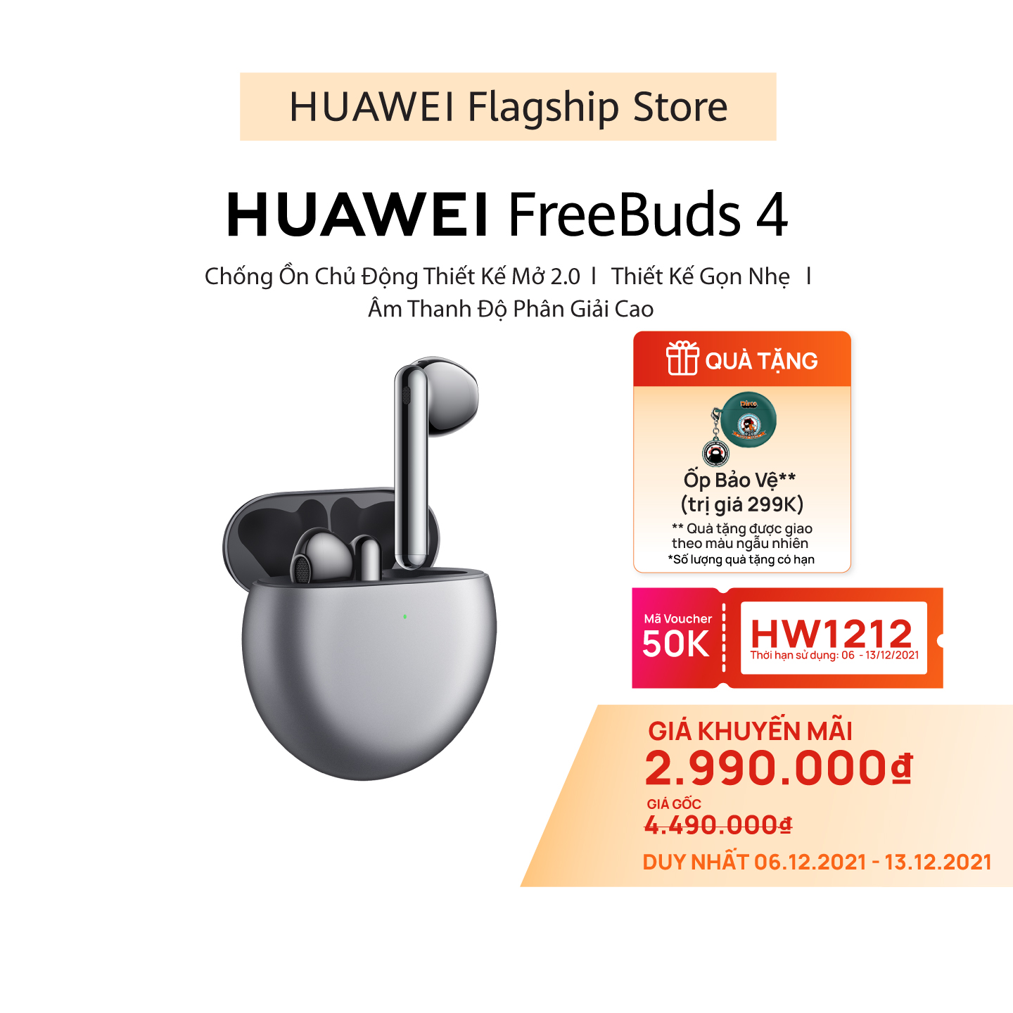 Tai Nghe Bluetooth HUAWEI FreeBuds 4 | Chống Ồn Chủ Động Thiết Kế Mở 2.0 | Thiết Kế Gọn Nhẹ | Âm Thanh Độ Phân Giải Cao | Hàng Chính Hãng