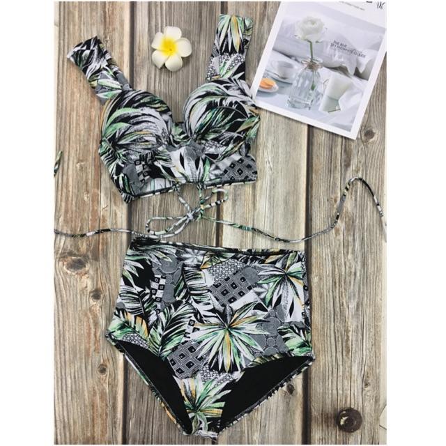 Set đồ bơi bikini lá trắng xám mút dày nâng ngực