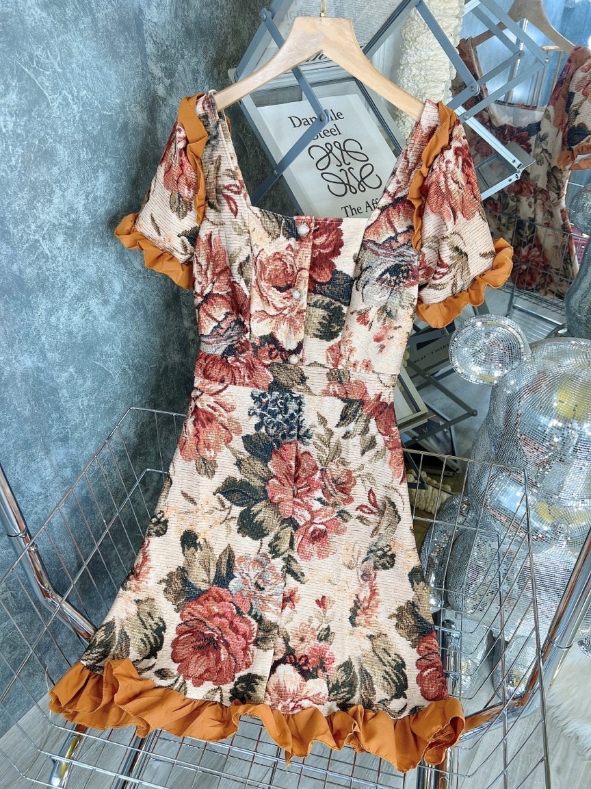 Đầm Váy Nữ Hoa Nâu Đính Ngọc
