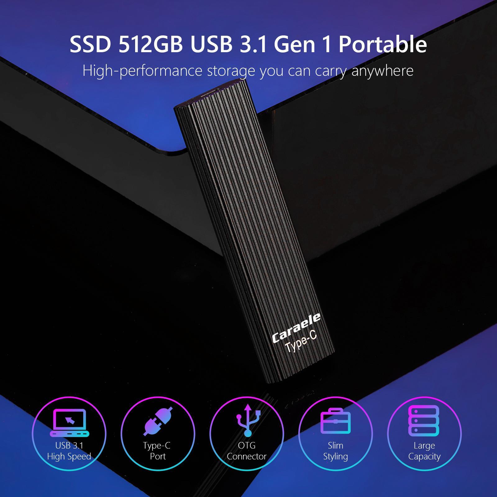 500GB SSD External Portable Storage USB 3.1 Gen-1 USB-C Compatible