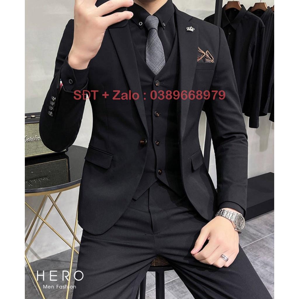 Bộ vest Nam Cao cấp màu đen, Chất vải sịn, Fom ôm đẹp, Bộ suit nam Hàn Quốc
