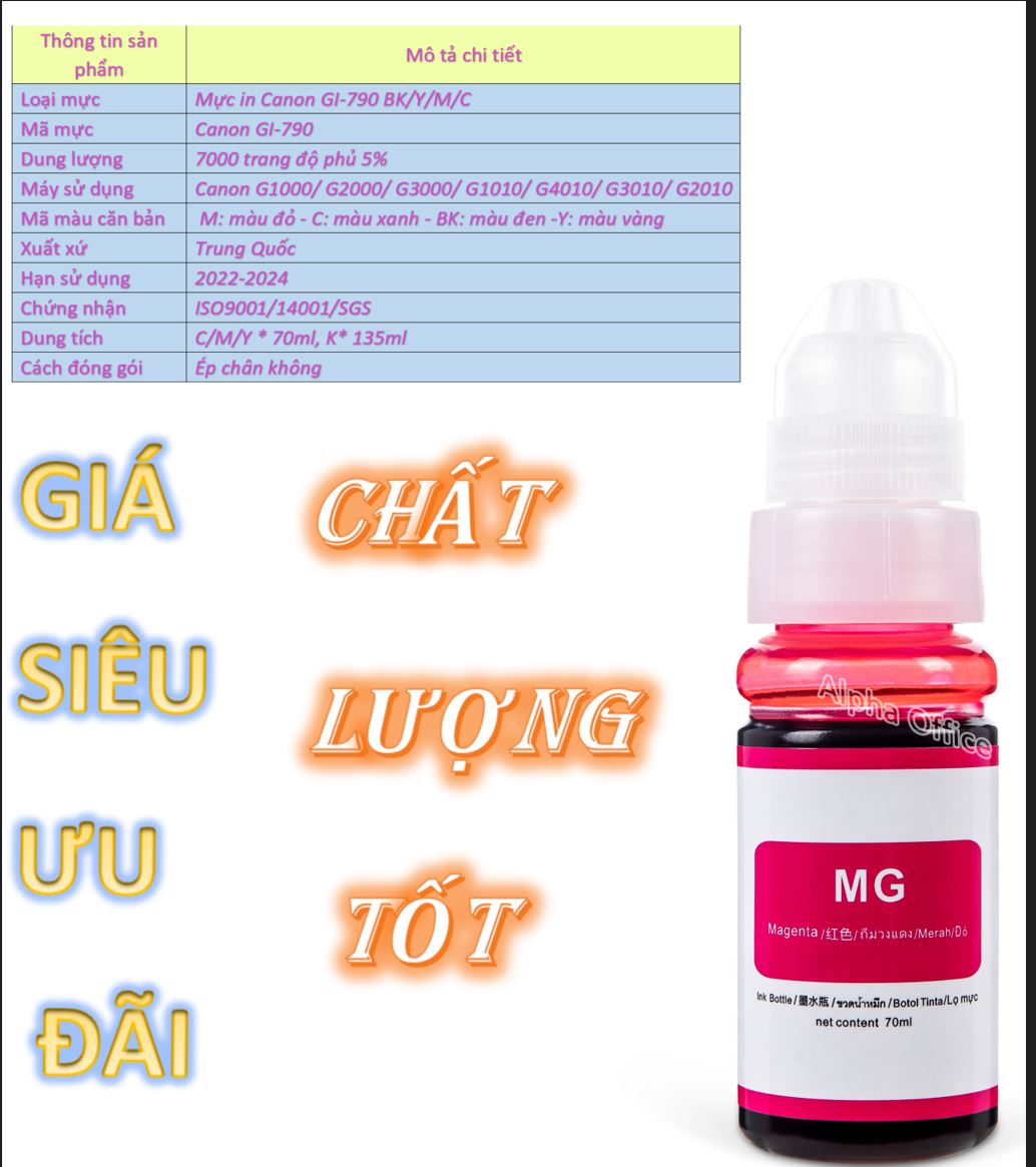 [HCM]Mực máy in phun Canon GI-790 màu đỏ (M)- hàng nhập khẩu dùng cho máy in Canon G1000/ G2000/ G3000/ G1010/ G4010/ G3010/ G2010