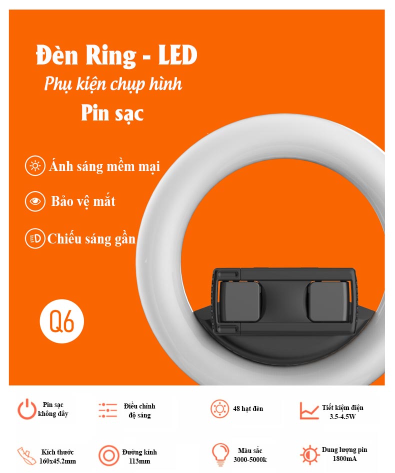 Đèn LED ring CYKE Q6 thiết bị không dây, hỗ trợ livestream bán hàng, trang điểm, chụp hình, quay video, phụ kiện gậy chụp hình, hàng chính hãng